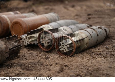 Demining By Troops Of The Territory. Many Mines, Shells, Artillery, Grenades, Fragmentation Grenades