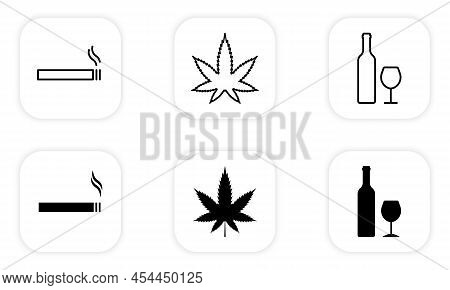 Alcohol, Drug, Smoke Zone Black Line And Silhouette Icon Set. Wine Bottle And Glass, Cannabis, Smoke