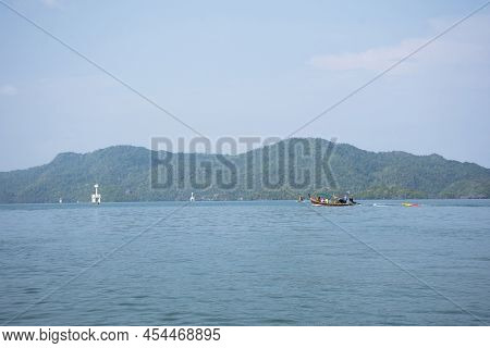 Local Thai People Guide Riding Sailing Wooden Longtail Boat In Sea Ocean Bring Travelers Travel Visi