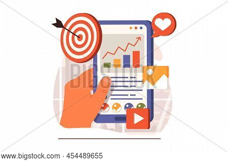 Marketing Web Concept In Flat Design. Human Hand Holding Smartphone, Developing Promotion Strategy, 