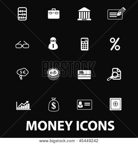 peníze, finance, účetnictví, banka, kreditní, hotovosti bílé izolované ikony, znaky na černém pozadí pro d