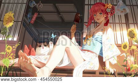 Aime Girl Enjoy Ice Cream Summer Day Fantasy Digital Art Landscape Wallpaper