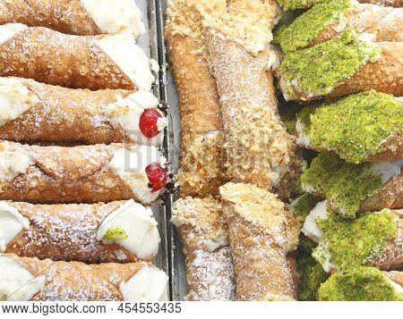 Sweety Pastry Called Cannoli Siciliani In Italian Language At Sicilian Pastry Shop