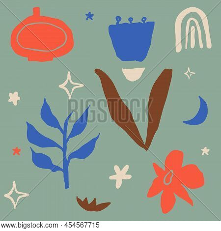 Abstract Scandinavian Floral Seamless Pattern, Hand Drawn Flower Shapes Background