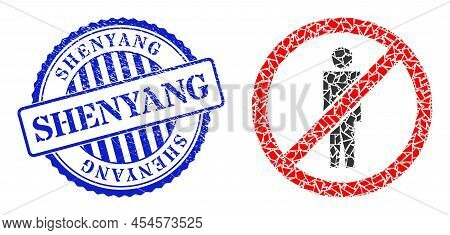 Spall Mosaic Stop Man Icon, And Blue Round Shenyang Rough Seal With Tag Inside Circle Shape. Stop Ma