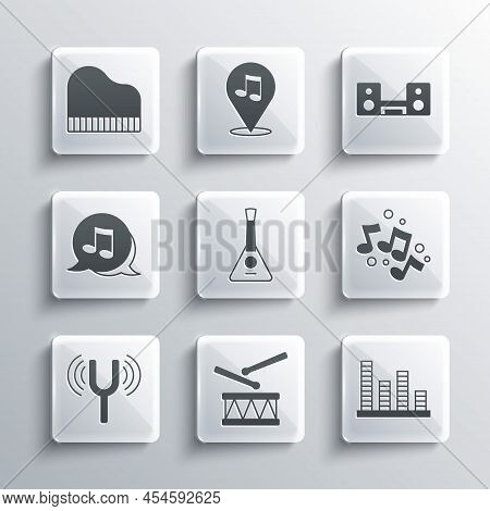 Set Drum With Drum Sticks, Music Equalizer, Note, Tone, Balalaika, Musical Tuning Fork, Grand Piano 