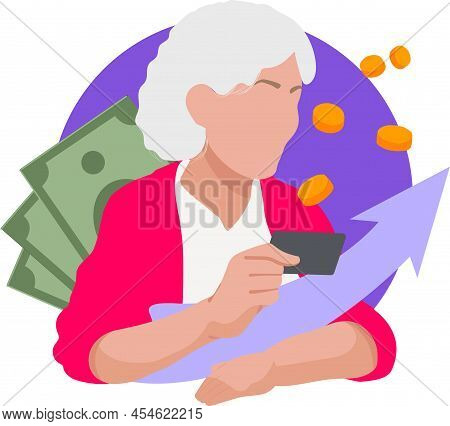 An Elderly Woman Receives Money On Her Payment Card. Good Investment For Retirees. Passive Income. V