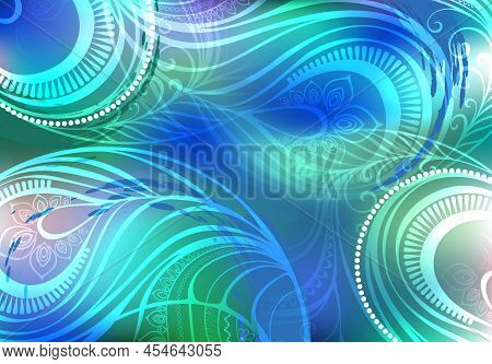 Iridescent, Luminous, Blue, Green, Abstract Background, Decorated With Pattern Of Stylized, Peacock 