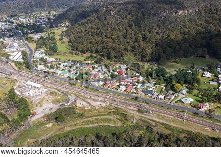 Drone Aerial Photograph Of Houses Near A Trainline In The Town Of Greater Lithgow In The Central Tab