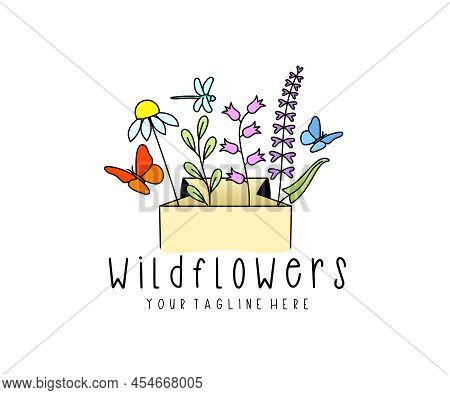 Package With Flowers And Herbs, Butterflies And Dragonflies, Logo Design. Wildflowers, Meadows, Natu
