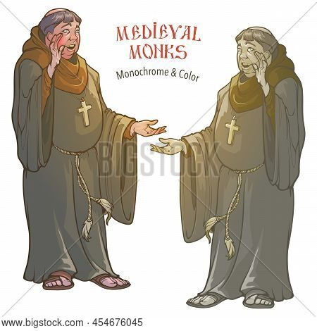 Fat Monks Talking And Gesturing. Medieval Gothic Style Character Concept Art. Color And Monochrome D