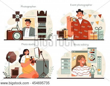 Photographer Concept Set. Professional Photographer With Camera Taking