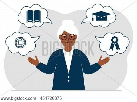 Sad Grandmother With Thoughts About Learning. Internet Profession, Higher Education, Stock Exchange,