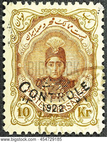 Persia Circa 1922. Cancelled Postage Stamp Printed By Persia, That Shows Ahmad Shah Qajar In An Orna