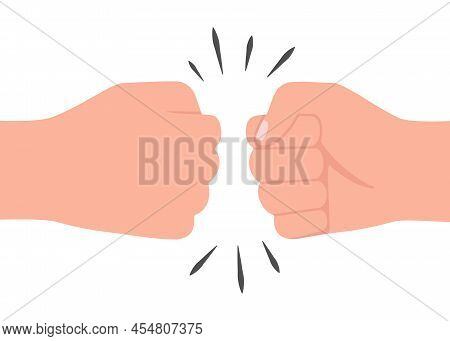 Two Clenched Fists Bump Together, Hand Strong Crash. Bro Fist Bump Or Power Five Pound Gesture. Conf