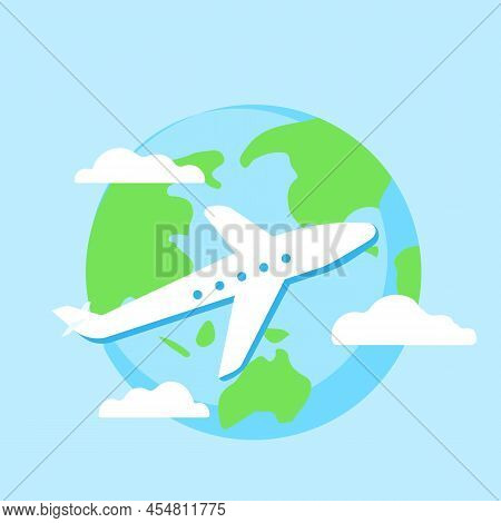 Planet Plane And Clouds. Air Travel Design Concept, Airplane Travel