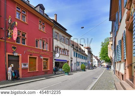 Freiburg, Germany - April 2022: Side Street Called 'herrenstrasse' In Old Historic City Center