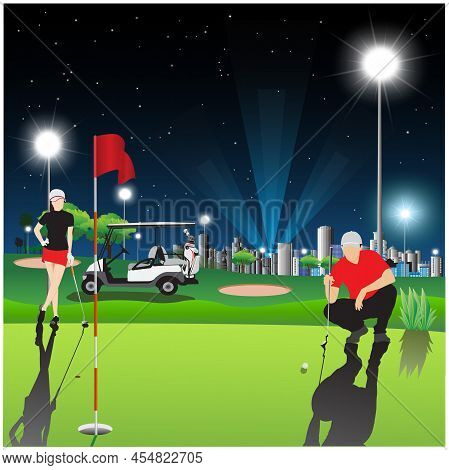 The Atmosphere Of The Golf Course In The City At Night With Blight Spotlights.