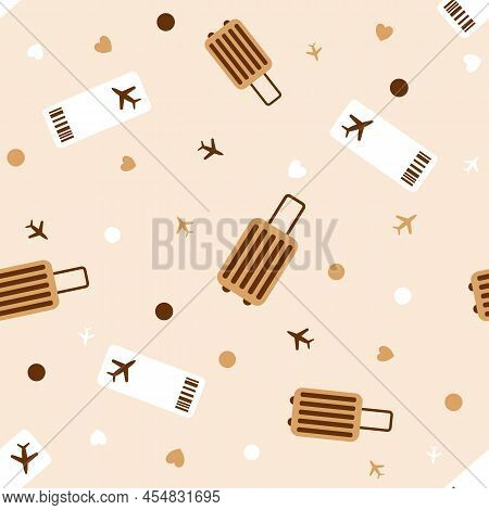 Traveling Repeating Background Seamless Pattern With Luggage Airplanes And Tickets Vector In Flat St