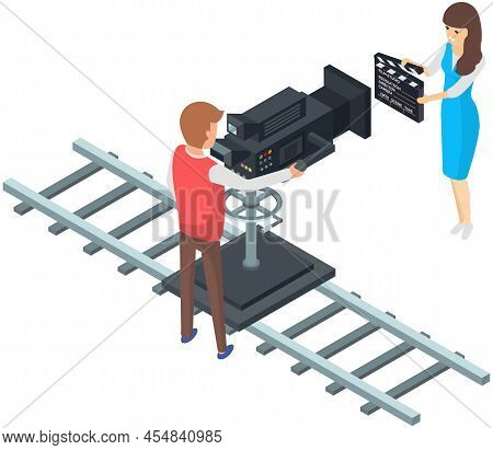 Girl Holding Movie Clapper On Camera. Filming Starts, Clap Before New Scene. Process Of Filming In P