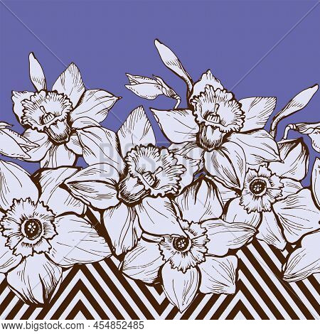 Daffodil Flowers Floral Seamless Pattern Border With Geometric Diagonal Stripes. Very Peri Vector Sw