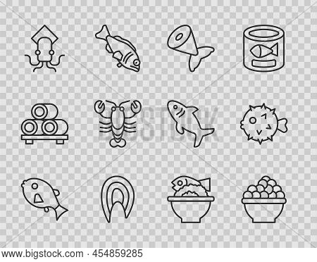 Set Line Tropical Fish, Caviar, Fish Tail, Steak, Octopus, Lobster, Served On Bowl And Hedgehog Icon