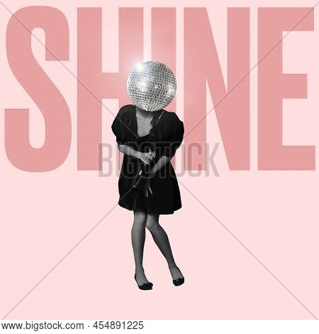 Contemporary Art Collage. Woman In Retro Dress And Disco Ball Head Dancing Isolated Over Pink Backgr