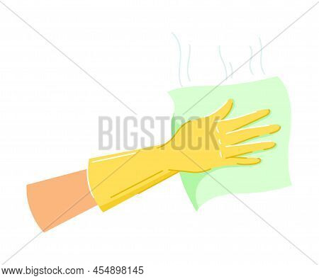 Hand In Yellow Glove Cleaning Or Wiping Surface With Cloth Vector Illustration