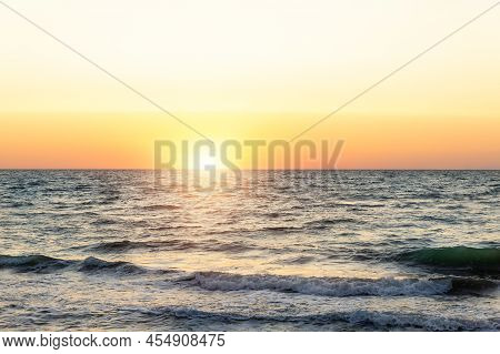 Scenic Panoramic View Of Bright Warm Red Orange Dramatica Sunrise Or Sunset At Early Morning Over Sa