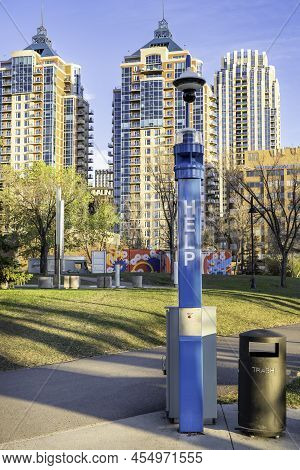 Calgary Alberta Canada, May 16 2022: A Downtown Help Button And Camera Alerting Portal Along A Pedes
