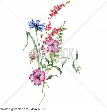 Watercolor Meadow Flowers Bouquet Of Sage, Carnation And Clover. Hand Painted Floral Poster Of Wildf