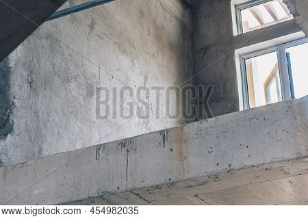 Bare Grey Cement Concrete Stairs Leading Up, Construction Site, Unfinished Staircase Architecture, C