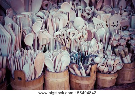 Carved Cups, Spoons, Forks And Other Utensils Of Wood