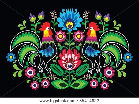 Polish floral embroidery with cocks - traditional folk pattern