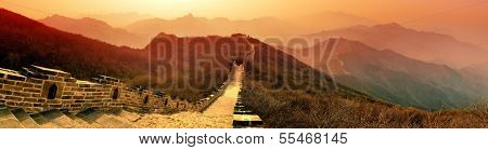 Great Wall panorama in the morning with sunrise and colorful sky in Beijing, China.