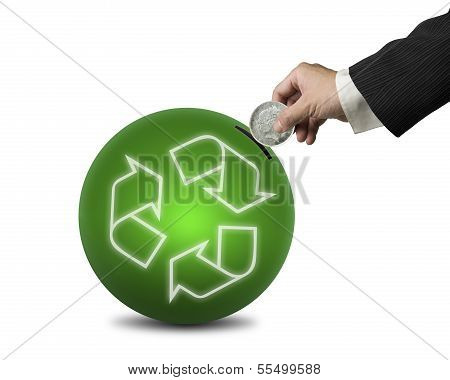 Hand Hold Coin Insert Into Ball With Recyling Symbol , Isolated