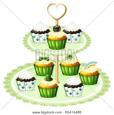 Illustration of the green cupcakes with a stand on a white background
