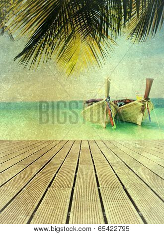 Vintage holiday background -  Exotic beach view and traditional ship on Ko Poda