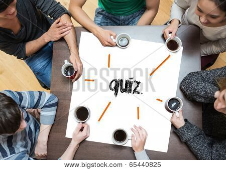 The word quiz on page with people sitting around table drinking coffee