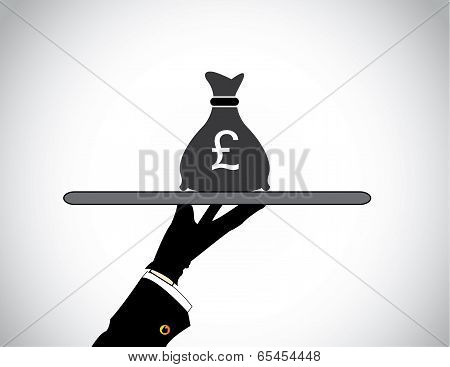 Moneybag Bank Savings Or Financial concept - Hand Presenting Money Bag Of British Pound Sterling