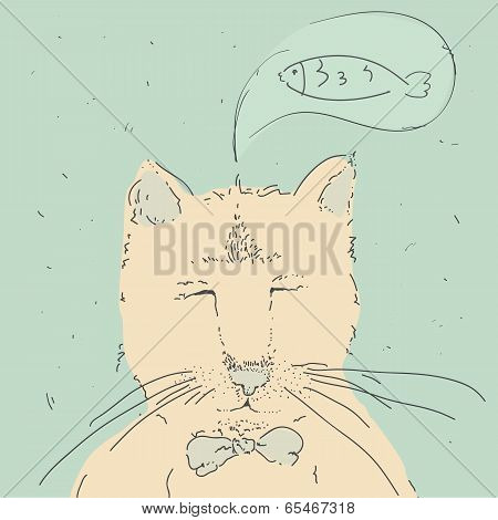 Cartoon Cute Cat Think About Fish