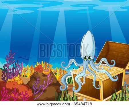 Illustration of a treasure box under the sea with an octopus