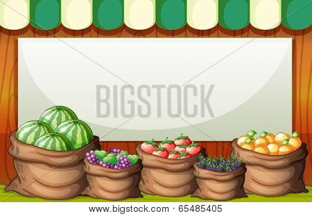Illustration of an empty template at the market at the back of the sack of fruits