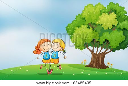 Illustration of the bestfriends at the hilltop near the tree