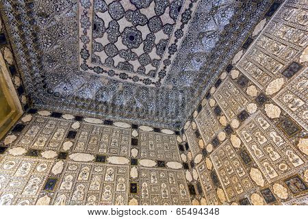 Details Of Walls In Rich Decorated Amber Fort In Jaipur, India