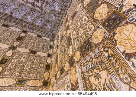 Details Of Walls In Rich Decorated Amber Fort In Jaipur, India