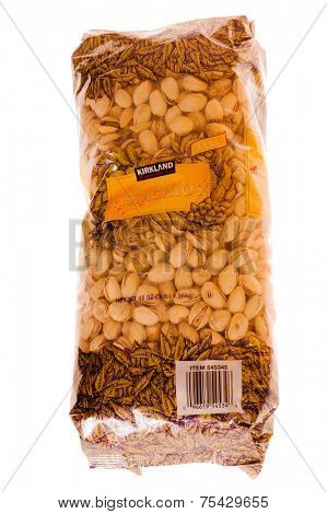 Hayward, Ca - October 28, 2014: 3lb bag of Kirkland brand pistachio nuts
