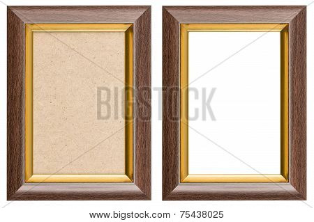 Wooden Brown And Golden Picture Frame With And Without Fiberboard Background, Isolated