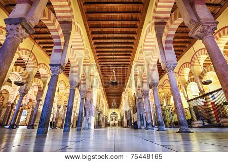 CORDOBA, SPAIN - CIRCA 2014: Hypostle Hall in the Mosque-Cathedral of Cordoba. The site has a rich religious history and is currently an active cathedral.