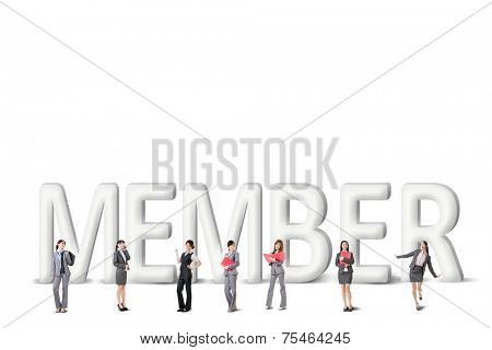Concept of partner, friends,collaborate with group of business people stand with 3d text. 